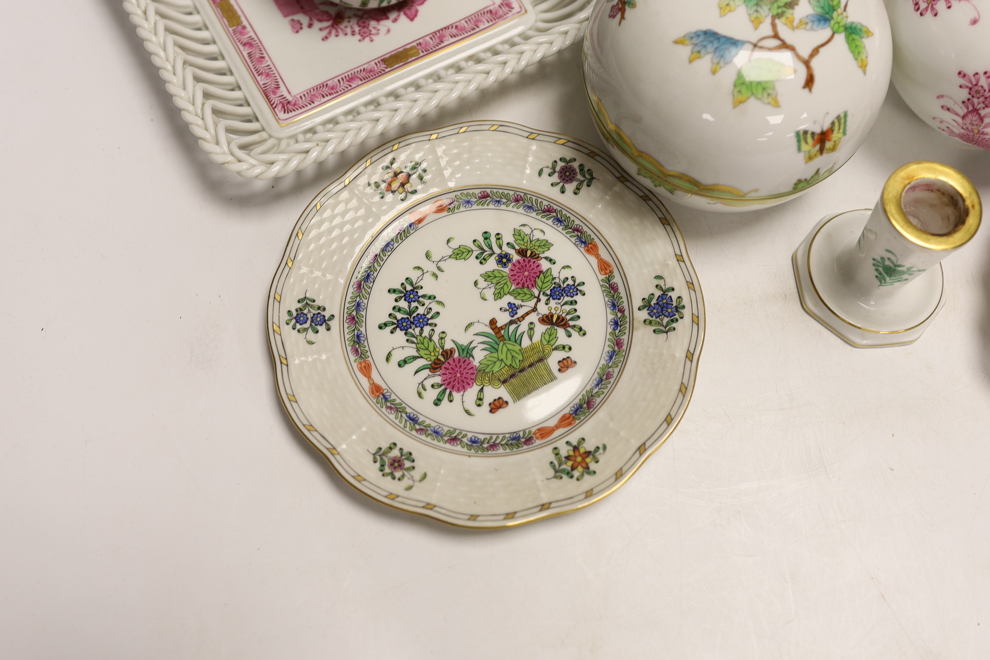 A group of Herend, Hungary porcelain wares including; a covered dish, tray, candlestick, two pedestal vases, boy on a goose, etc. tallest 13cm